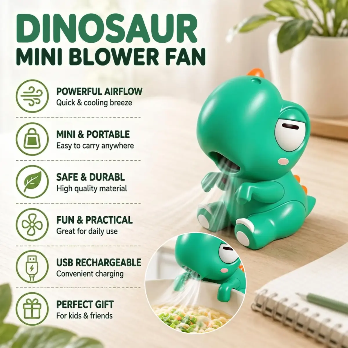 Generic Cute Dinosaur Mini Food Cooling Fan with Clip, USB-C Rechargeable, Green | 1 Unit - view 3