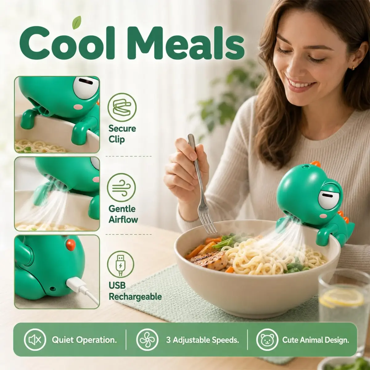 Generic Cute Dinosaur Mini Food Cooling Fan with Clip, USB-C Rechargeable, Green | 1 Unit - view 4