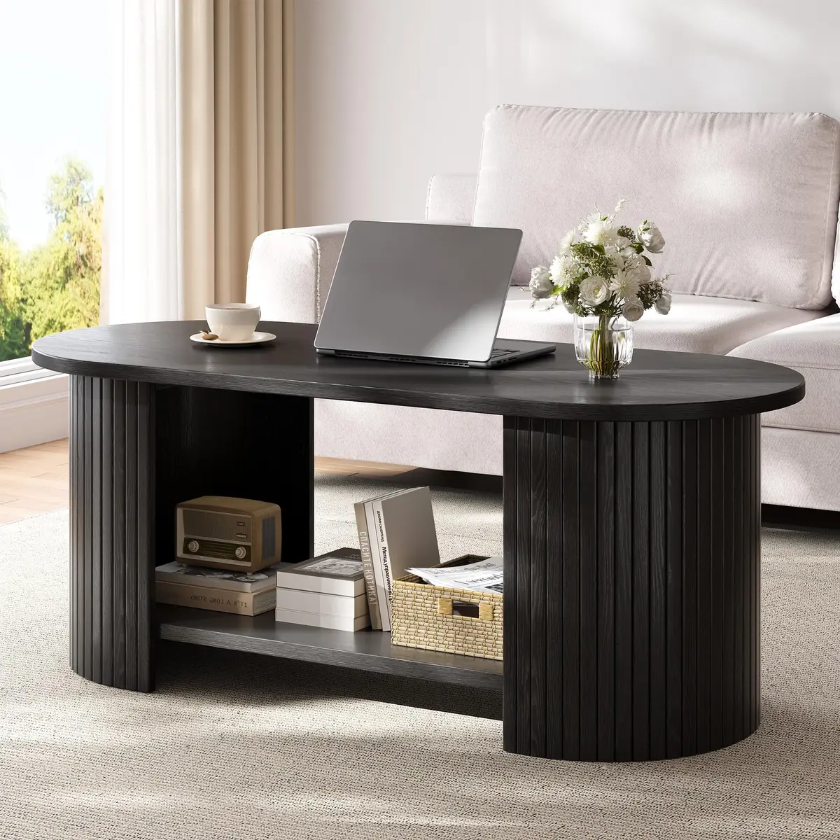 OneBlis 42" Oval Fluted Coffee Table | 2-Tier Storage, Modern Wood Design for Living Room & Home Office - main product image