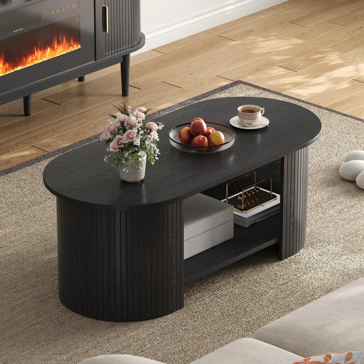 OneBlis 42" Oval Fluted Coffee Table | 2-Tier Storage, Modern Wood Design for Living Room & Home Office - view 5