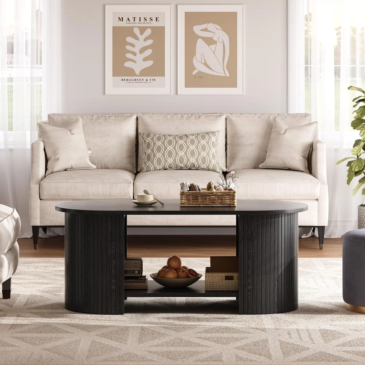 OneBlis 42" Oval Fluted Coffee Table | 2-Tier Storage, Modern Wood Design for Living Room & Home Office - view 6