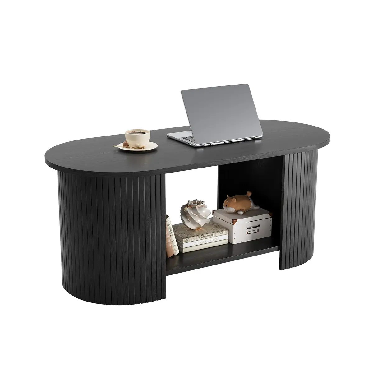 OneBlis 42" Oval Fluted Coffee Table | 2-Tier Storage, Modern Wood Design for Living Room & Home Office - view 7