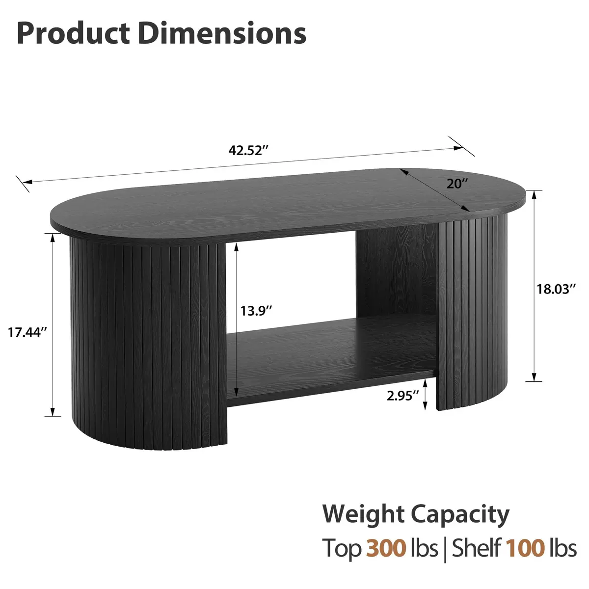 OneBlis 42" Oval Fluted Coffee Table | 2-Tier Storage, Modern Wood Design for Living Room & Home Office - view 2
