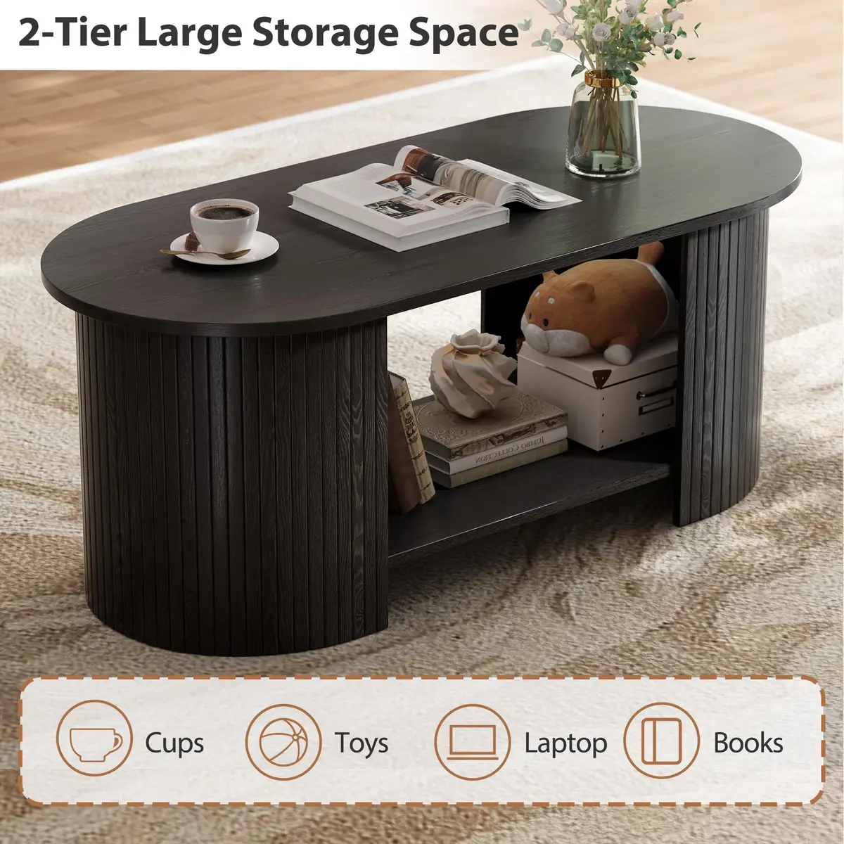 OneBlis 42" Oval Fluted Coffee Table | 2-Tier Storage, Modern Wood Design for Living Room & Home Office - view 3