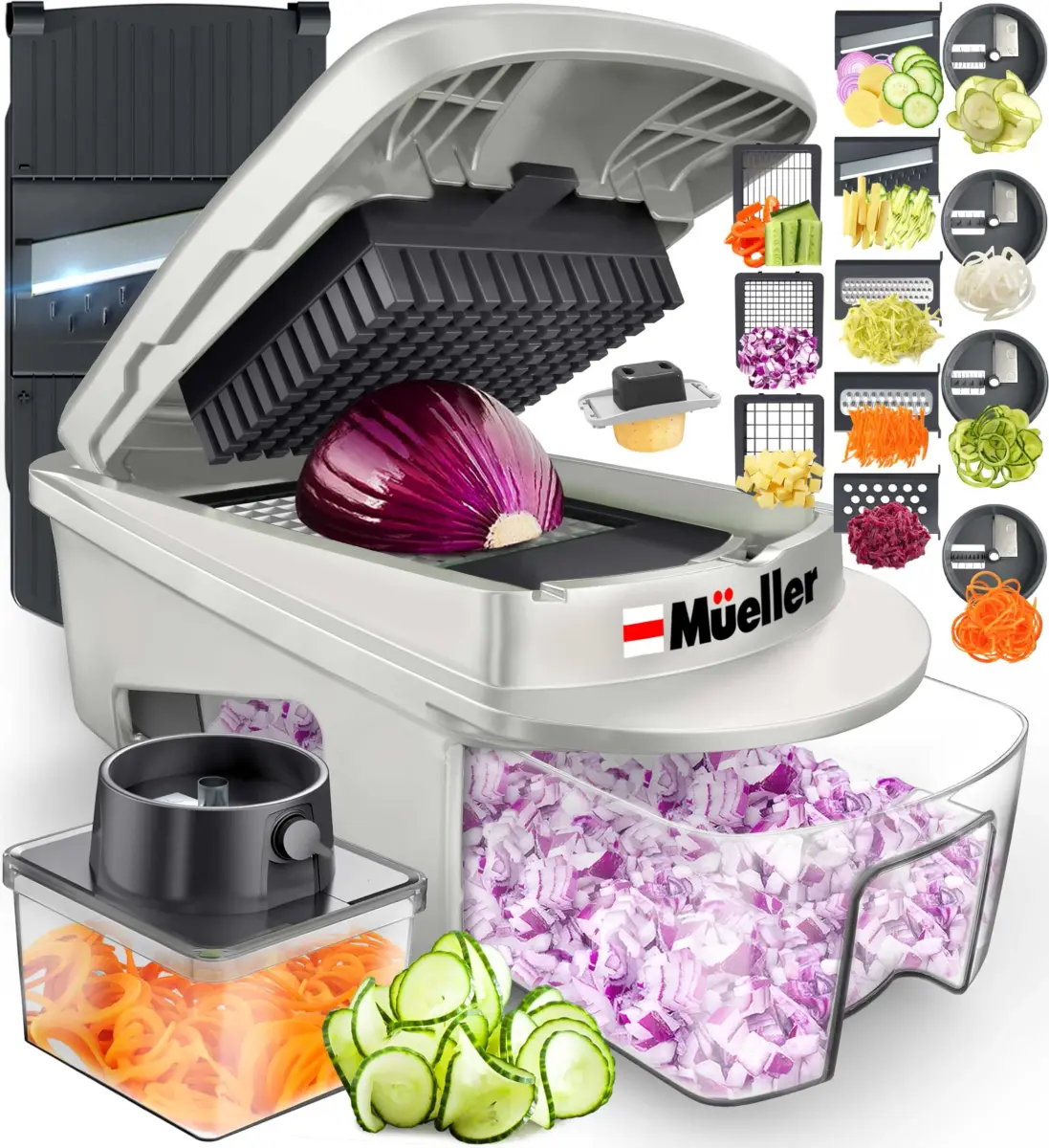 Mueller Pro-Series 12 Blade Vegetable Chopper, Mandoline Slicer and Spiralizer, White/grey 27.7 cm (10.91 in) | Versatile Meal Prep Tool - main product image