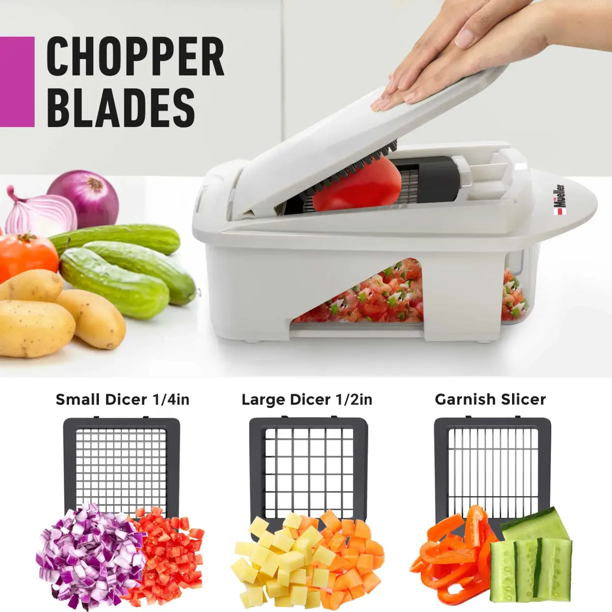 Mueller Pro-Series 12 Blade Vegetable Chopper, Mandoline Slicer and Spiralizer, White/grey 27.7 cm (10.91 in) | Versatile Meal Prep Tool - view 3