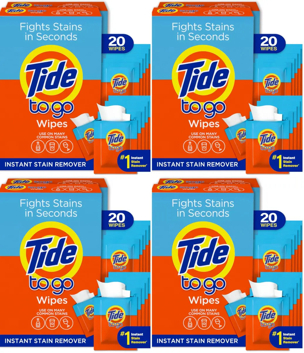 Tide To Go Wipes Instant Stain Remover 80 Count (20 Wipes x 4 Packs) | Fights Stains on Most Fabrics - main product image