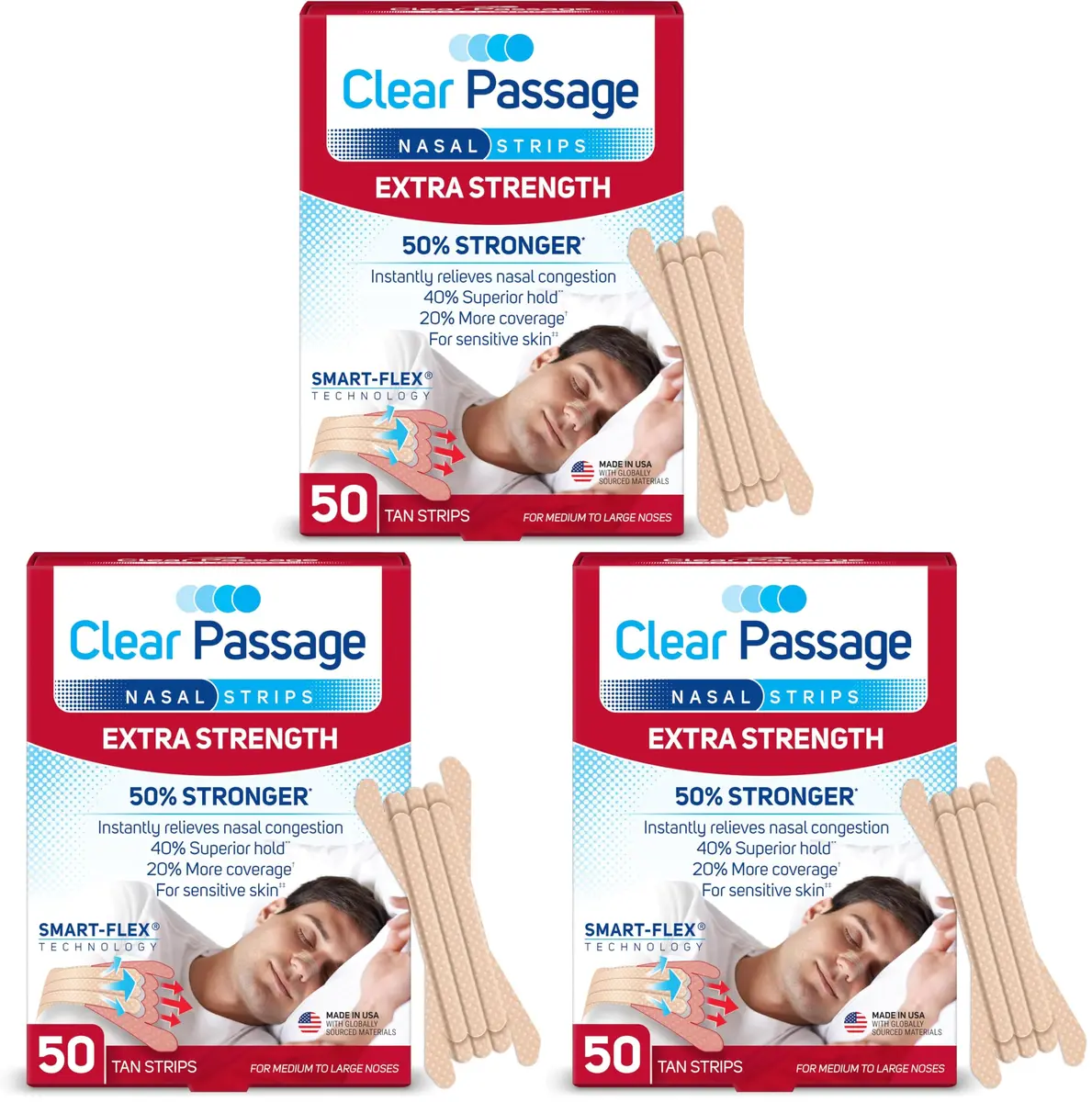 Clear Passage Extra Strength Nasal Strips Tan 150 Count (Pack of 3) | Breathe Right Instantly for Sleep & Allergy Relief - main product image