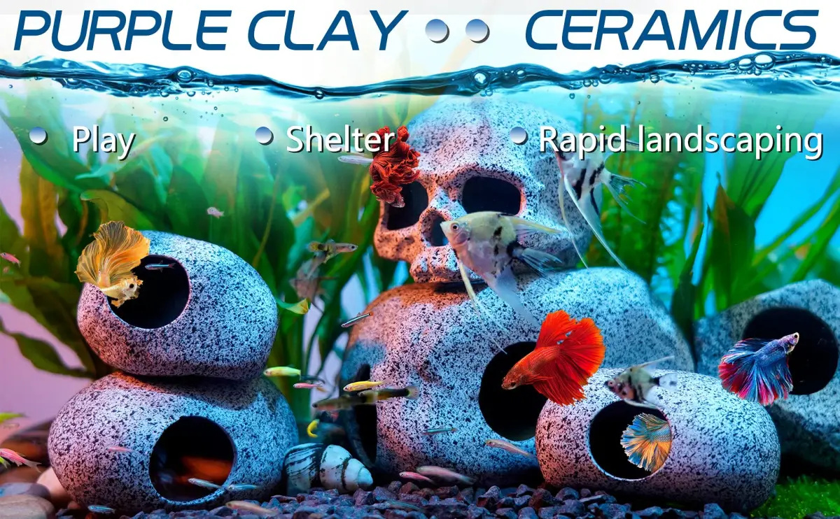 Ameliade Ceramic Aquarium Cave Decoration (Pack of 2) | Medium Hideout for Betta, Shrimp, Cichlid, Small Fish - view 3