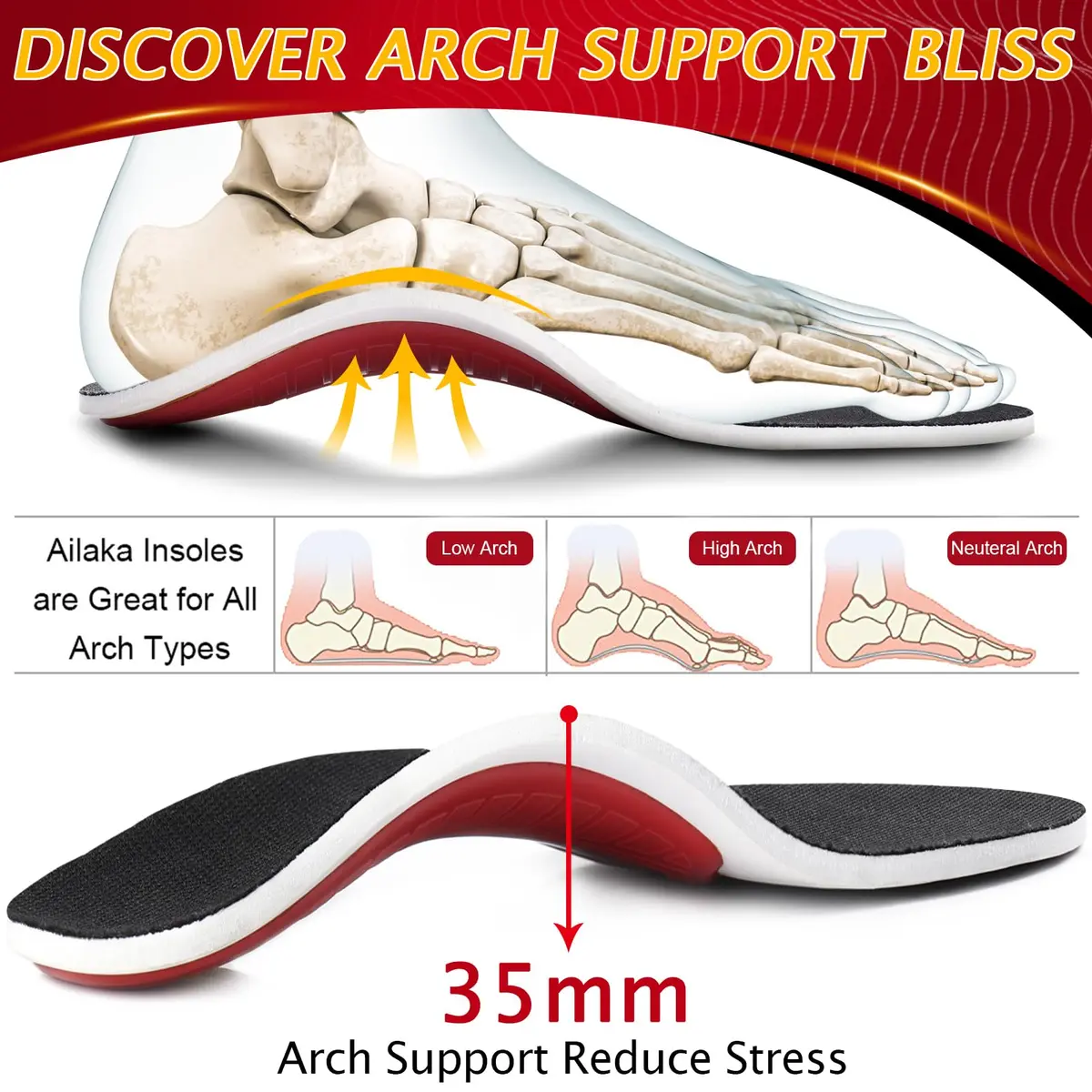 Ailaka High Arch Support Shoe Insoles for Flat Feet - Orthotic Insoles for Men & Women, Plantar Fasciitis Relief (Pack of 2, Black) - view 2
