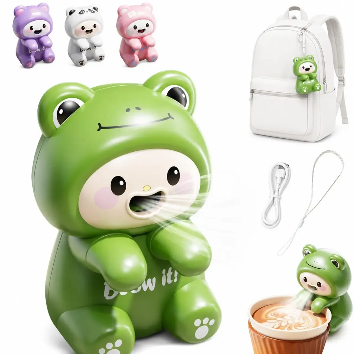 Generic Cute Frog Mini Fan for Cup & Bowl | USB-C Rechargeable, Clip-On Design (1 Pc) - main product image