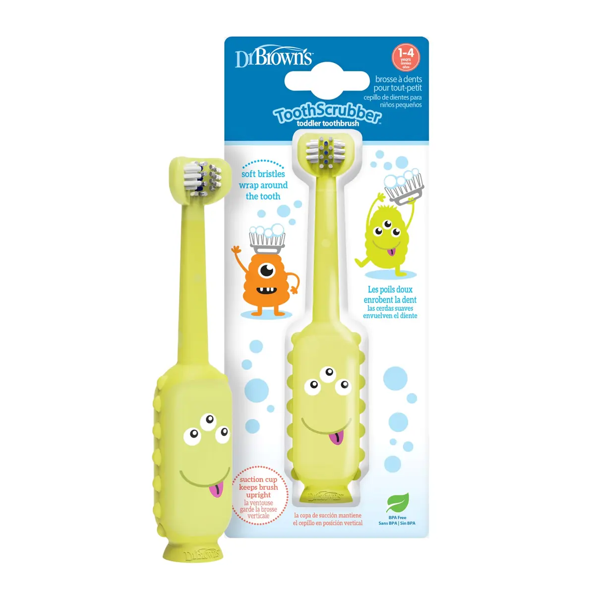 Dr. Brown's ToothScrubber Toddler Toothbrush, Triple-Sided Training Brush with Suction Cup, Green Monster, Ages 1-4, 1 Count (Pack of 12) | Baby Oral Care - main product image