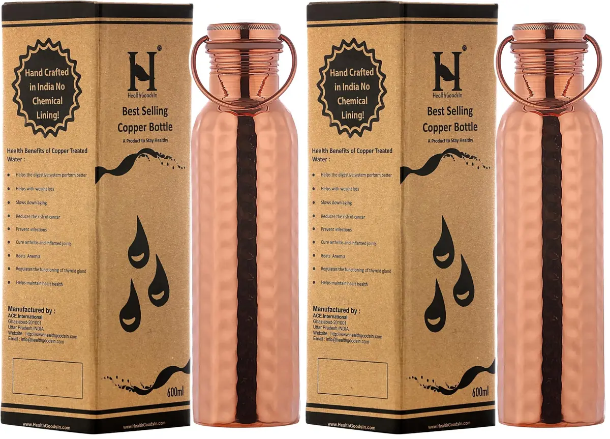 HealthGoodsIn Copper Water Bottle 600ml | Leakproof Ayurvedic Copper Vessel (Pack of 2) - main product image