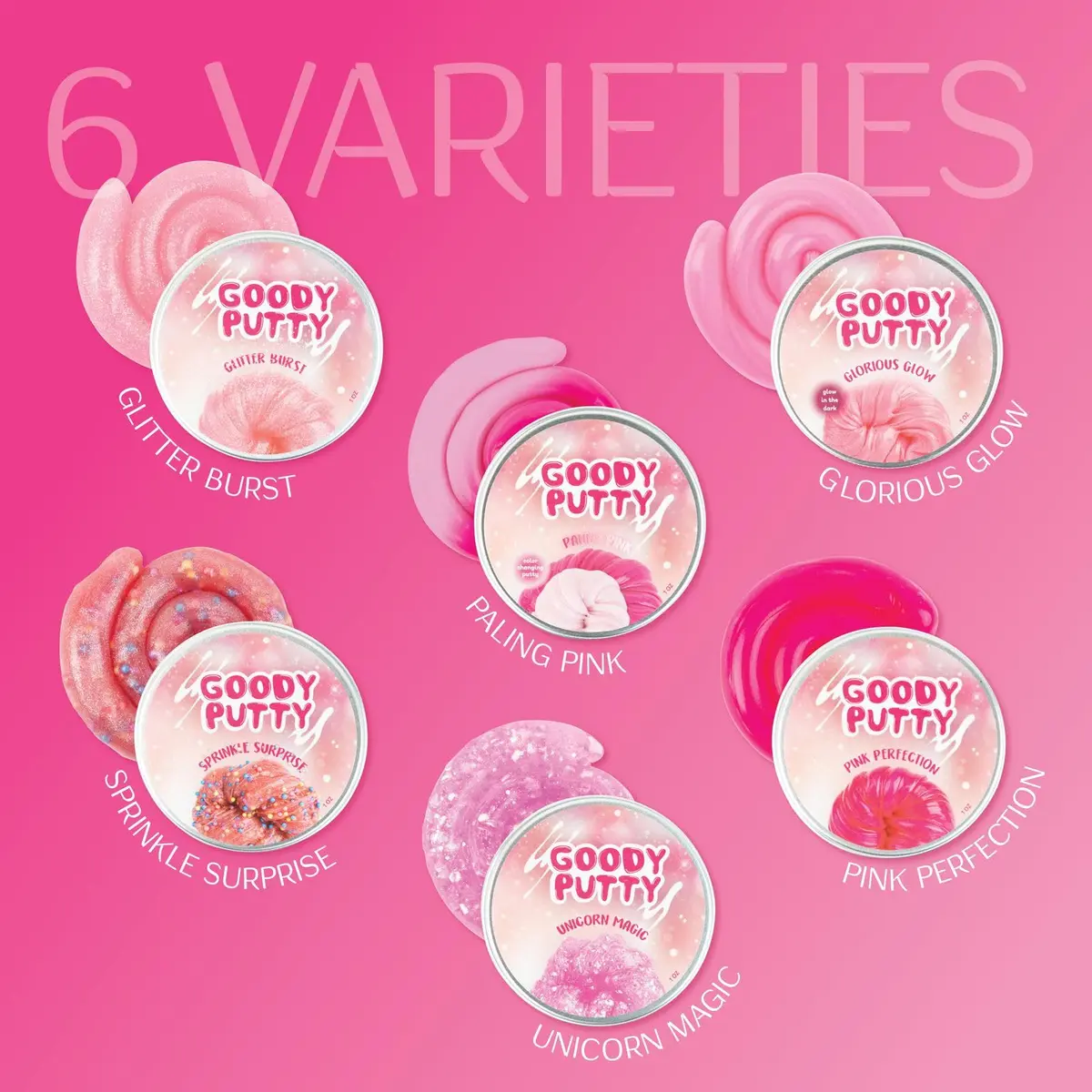 Goody Putty Pink Toy Slime Set | 12 Tins (355ml / 1.1lb) | Non-Toxic, Glow-in-the-Dark, Color-Changing - view 3