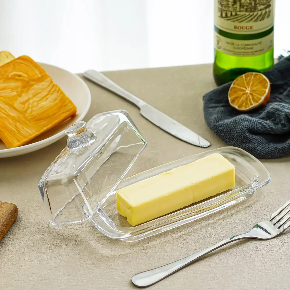 QFkris 8'' Art Glass Butter Dish with Lid | Classic 2-Piece Countertop Butter Container, Dishwasher Safe - view 5