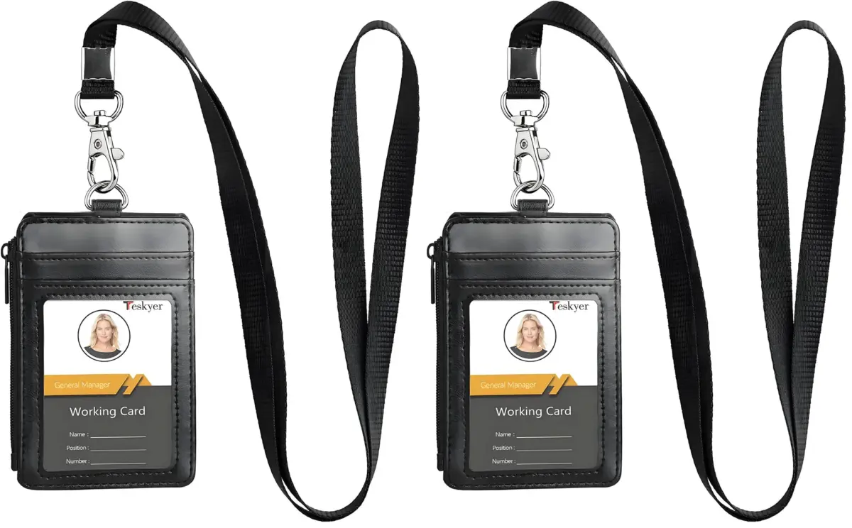 Teskyer Black PU Leather ID Badge Holder with Lanyard & Zipper Pocket - Pack of 2 - main product image