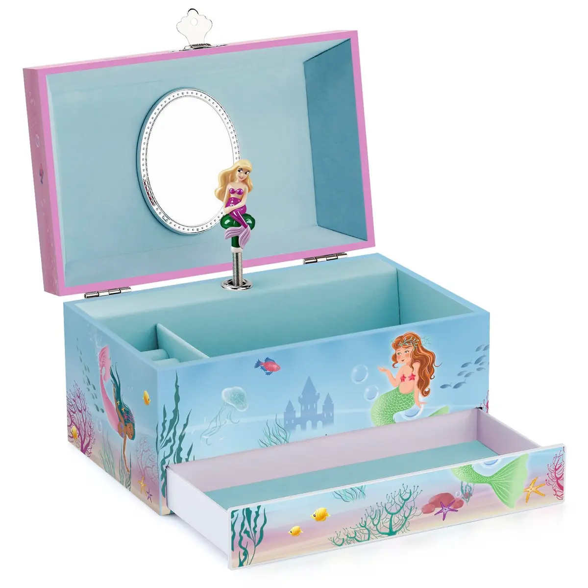 RR ROUND RICH DESIGN Kids Musical Jewelry Box for Girls Light Blue | Mermaid Princess Melody - main product image