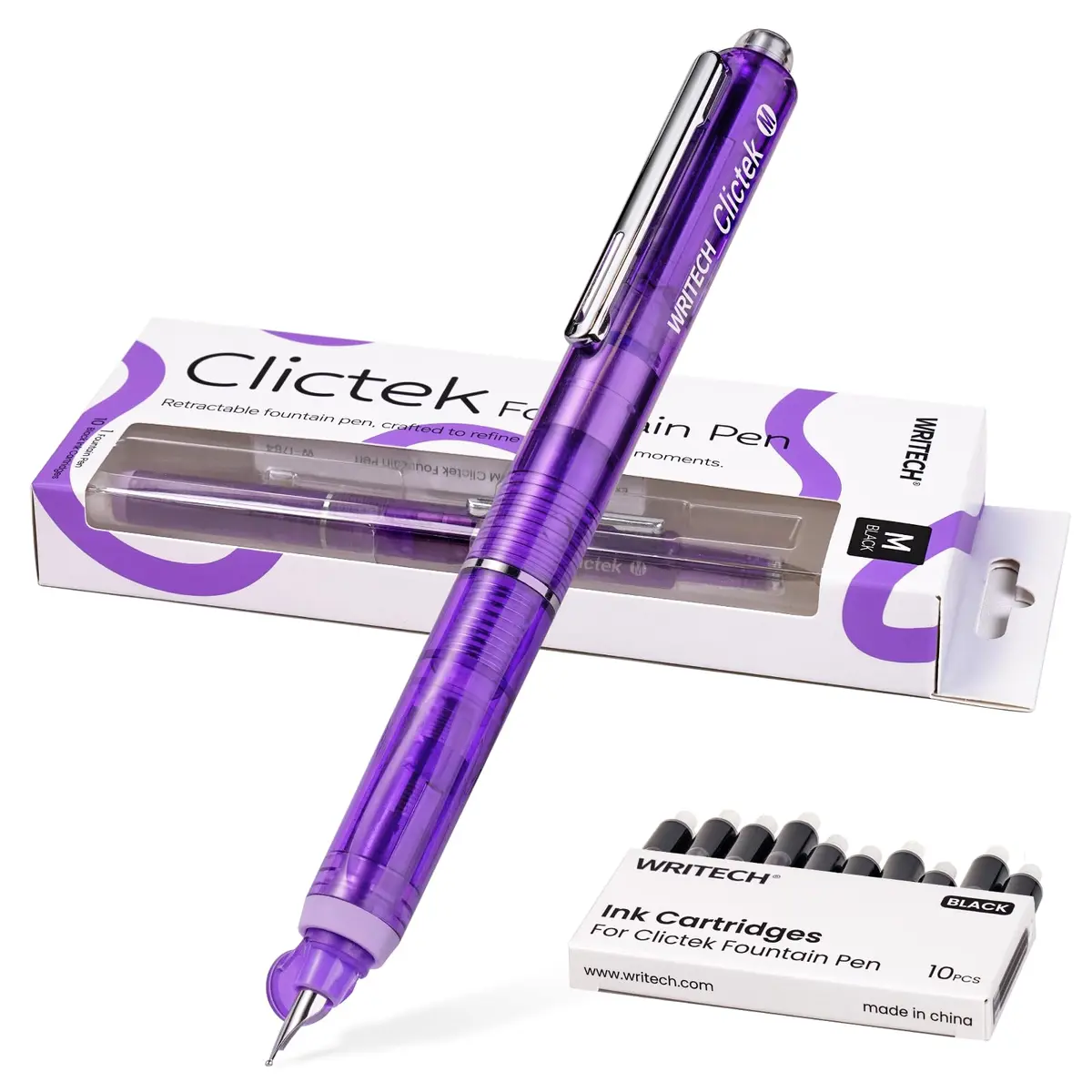 WRITECH Clictek Retractable Fountain Pen Medium Nib Black Ink, 10 Cartridges | Smooth Writing for Students & Professionals - main product image