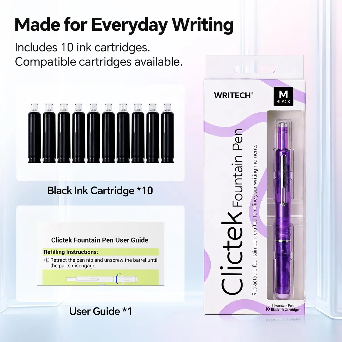 WRITECH Clictek Retractable Fountain Pen Medium Nib Black Ink, 10 Cartridges | Smooth Writing for Students & Professionals - view 5
