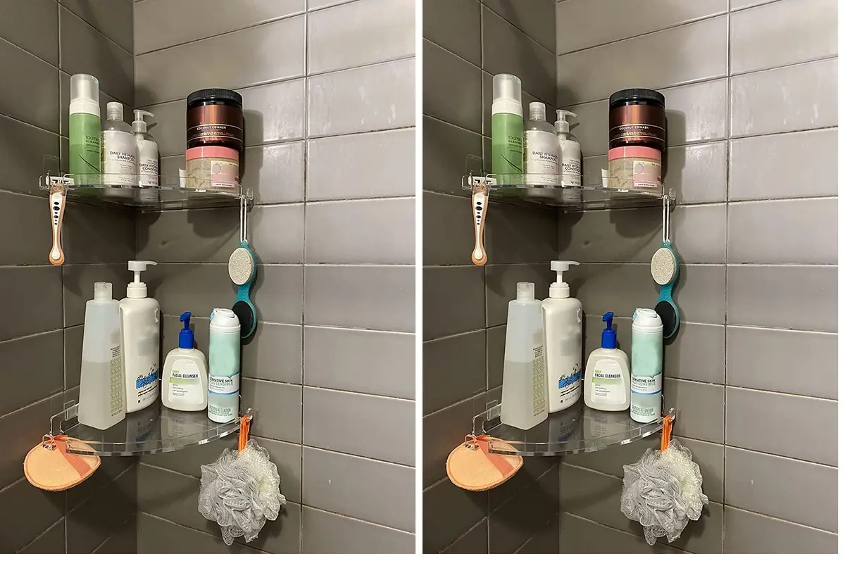 JiePai Acrylic Corner Shower Caddy Shelf with Hooks 4 Pack | Space-Saving Bathroom Organizer - main product image
