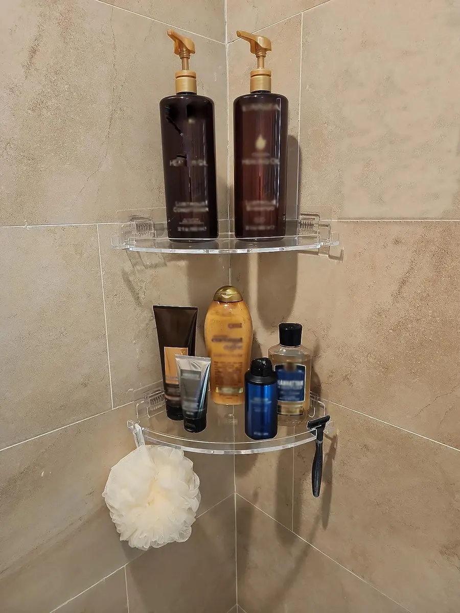 JiePai Acrylic Corner Shower Caddy Shelf with Hooks 4 Pack | Space-Saving Bathroom Organizer - view 5