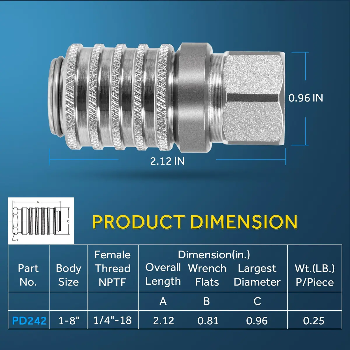 Yoursme PD242 Series Steel Test Port Quick Coupler 1/8" Body, 1/4"-18 NPTF Thread, 2.12" Length, 6000 PSI, Pack of 2 | Hydraulic Pneumatic Diagnostic Equipment - view 5
