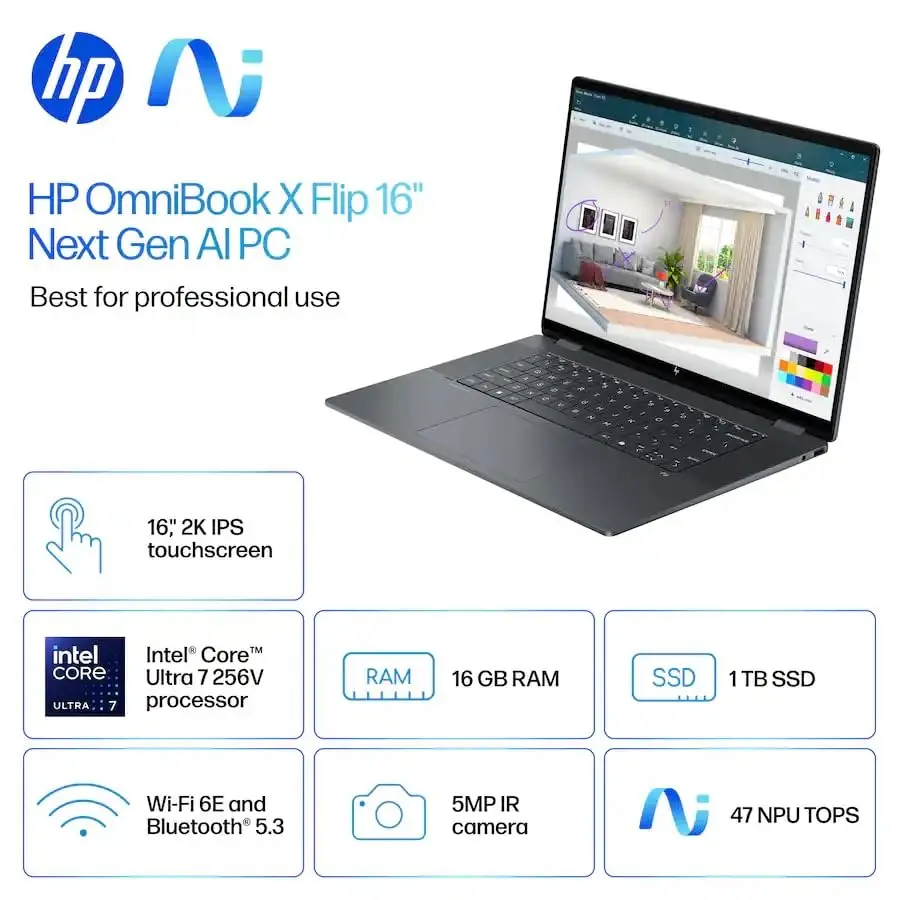 HP OmniBook X Flip 2-in-1 Laptop 16GB LPDDR5 RAM 1TB SSD | AI-Accelerated Creativity & Versatility - view 9