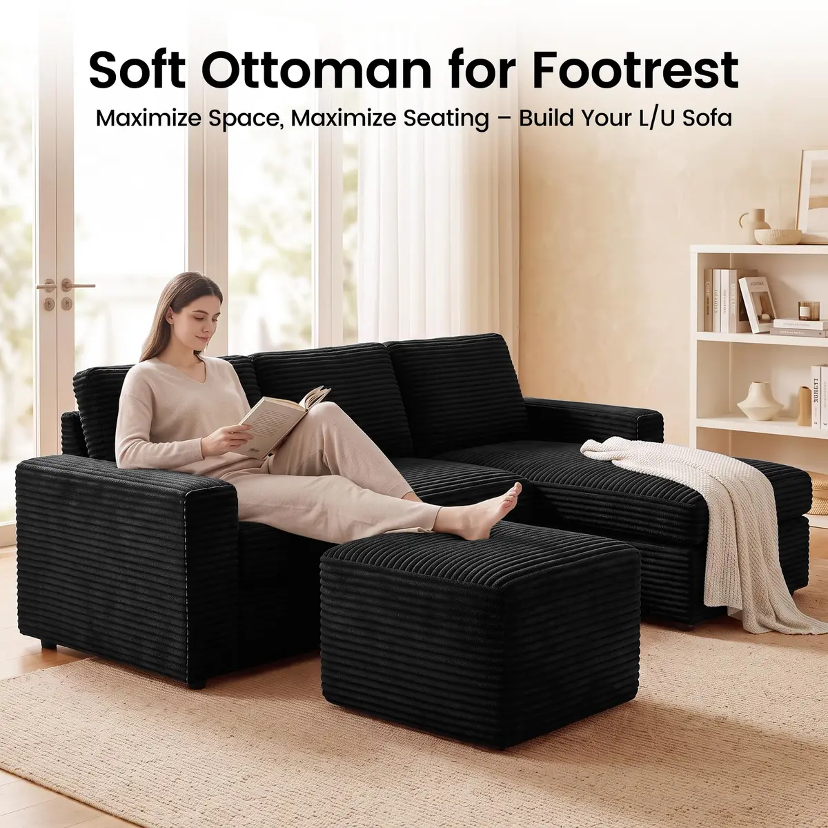 TRUNBACK Boneless Ottoman 27.6" Corduroy Footrest Black | Modern, Plush, Compact - view 4