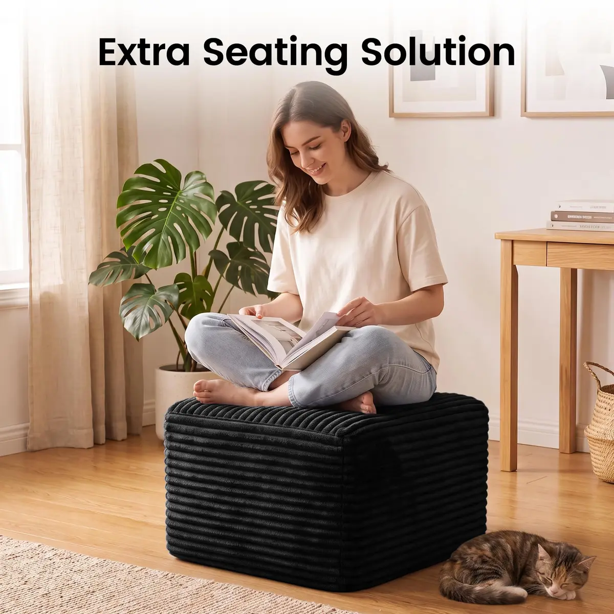 TRUNBACK Boneless Ottoman 27.6" Corduroy Footrest Black | Modern, Plush, Compact - view 6
