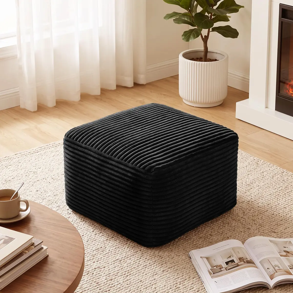 TRUNBACK Boneless Ottoman 27.6" Corduroy Footrest Black | Modern, Plush, Compact - main product image