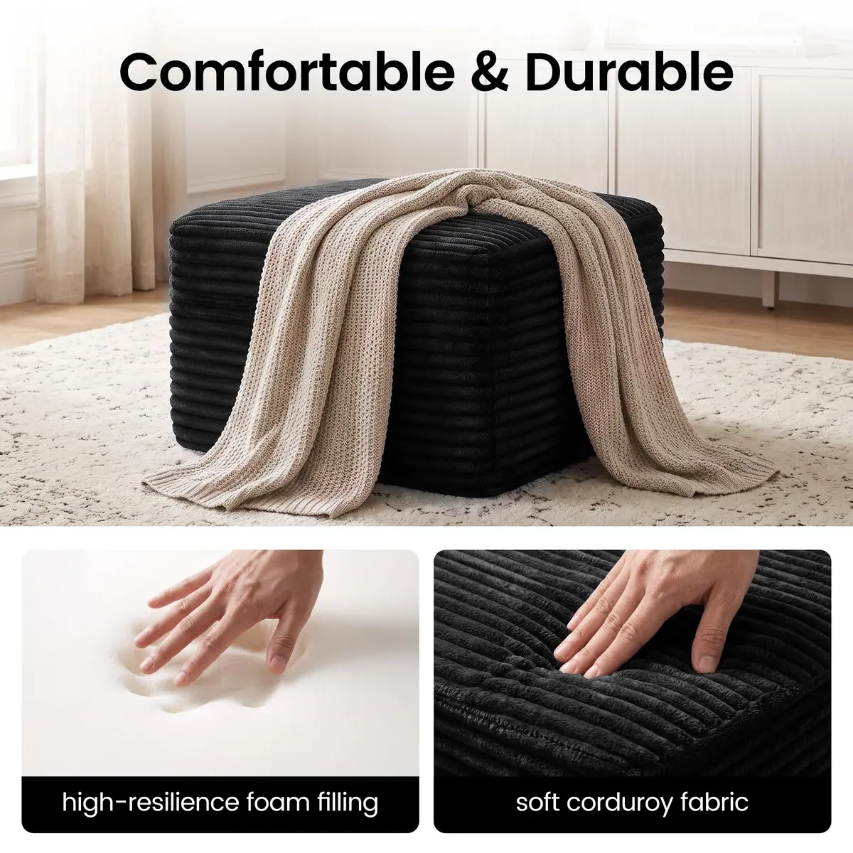 TRUNBACK Boneless Ottoman 27.6" Corduroy Footrest Black | Modern, Plush, Compact - view 7