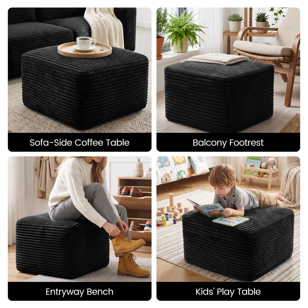 TRUNBACK Boneless Ottoman 27.6" Corduroy Footrest Black | Modern, Plush, Compact - view 8
