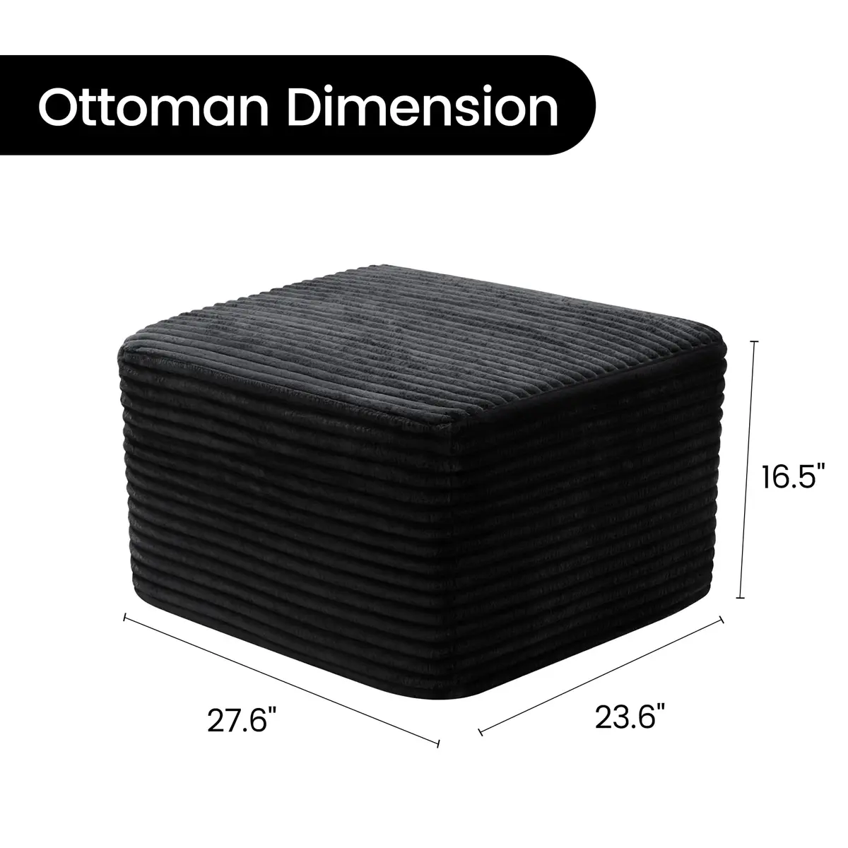 TRUNBACK Boneless Ottoman 27.6" Corduroy Footrest Black | Modern, Plush, Compact - view 3