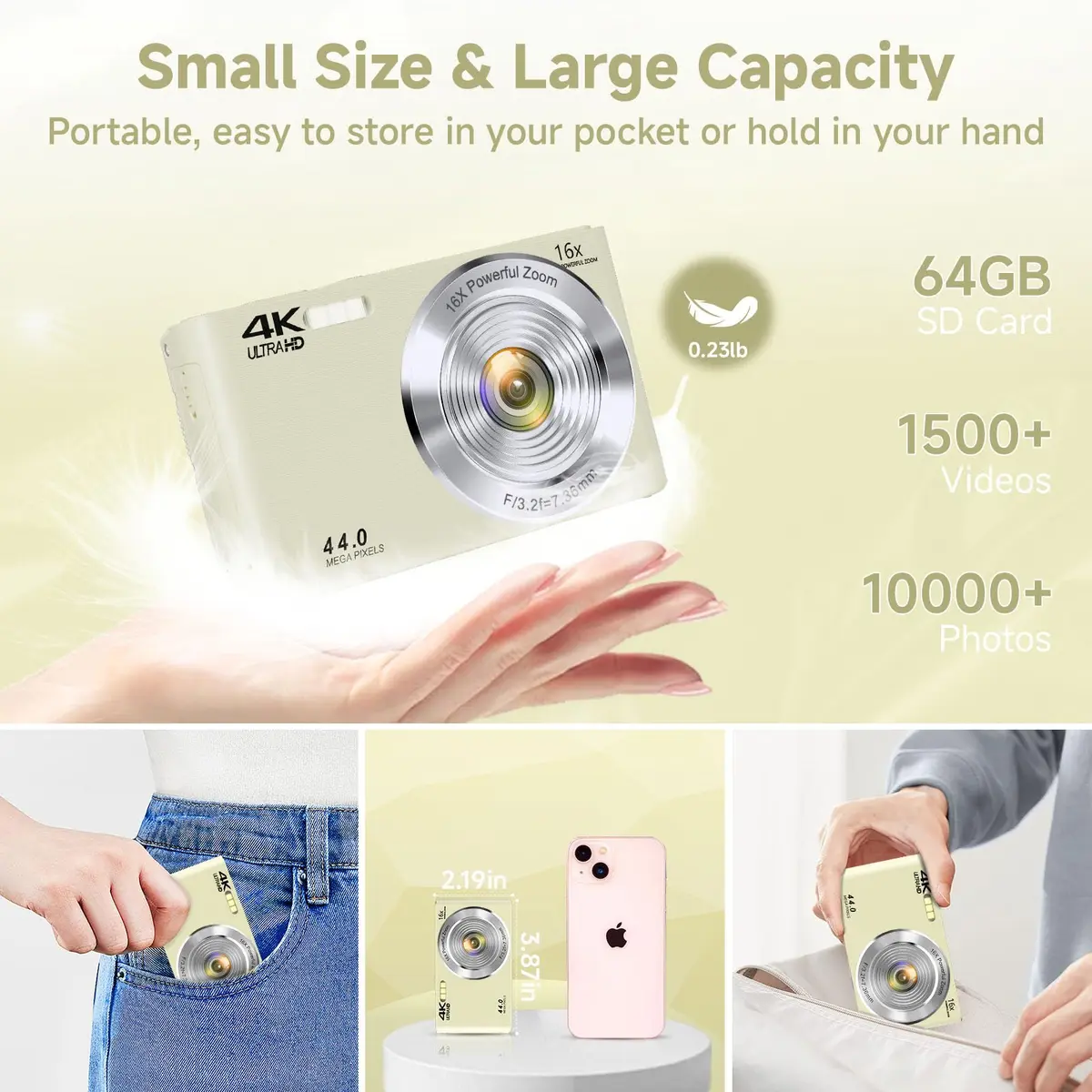 SMARTKLIK Digital Camera for Teens, 4K 44MP FHD 16x Zoom Point Shoot Camera with 64GB Card | 220V Compatible - view 6
