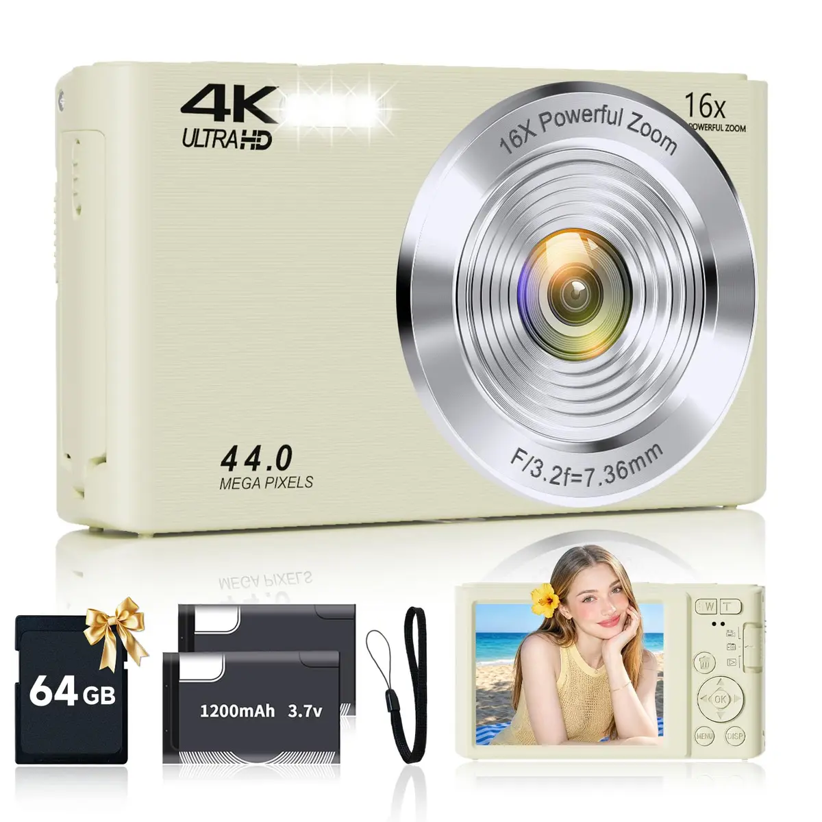 SMARTKLIK Digital Camera for Teens, 4K 44MP FHD 16x Zoom Point Shoot Camera with 64GB Card | 220V Compatible - main product image