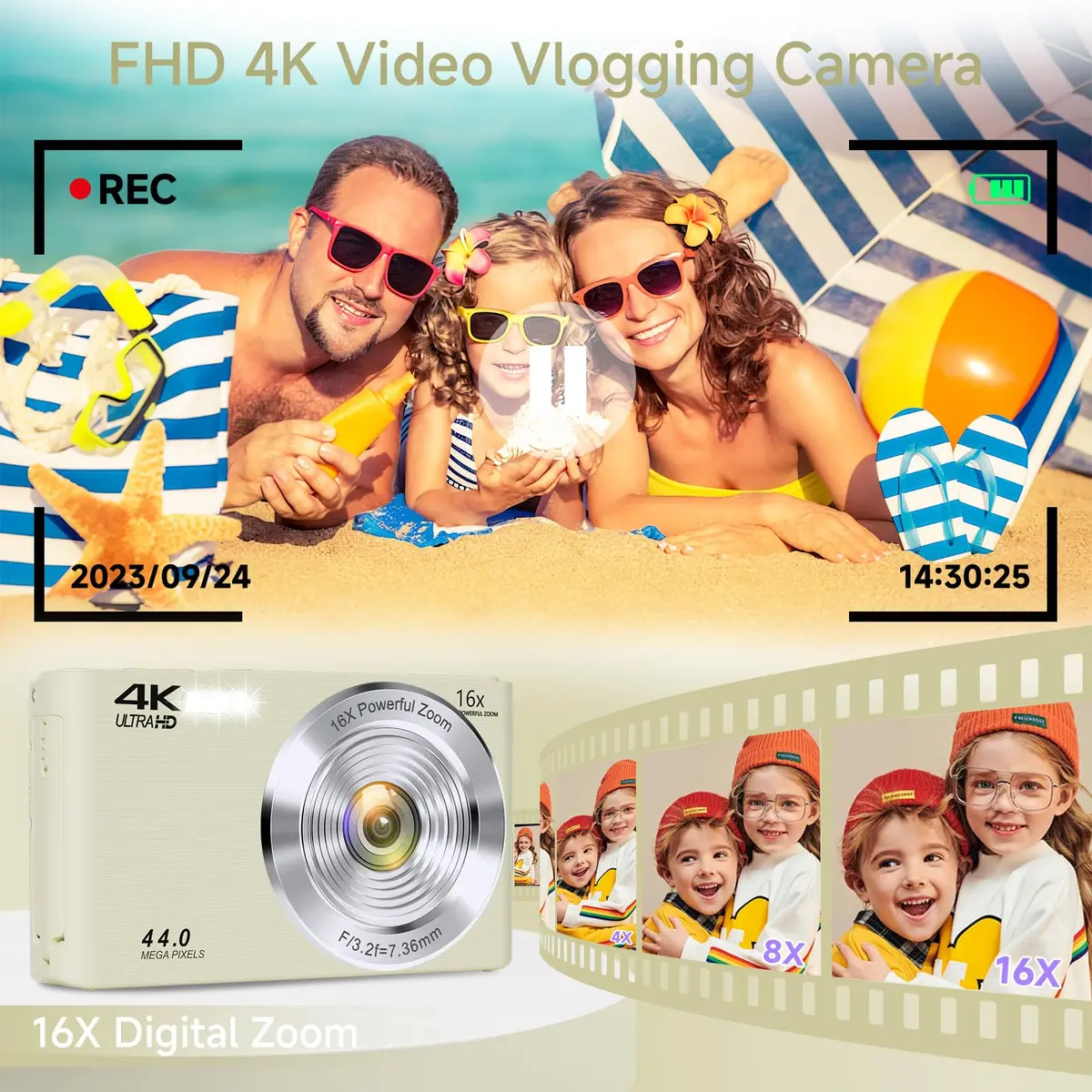 SMARTKLIK Digital Camera for Teens, 4K 44MP FHD 16x Zoom Point Shoot Camera with 64GB Card | 220V Compatible - view 2