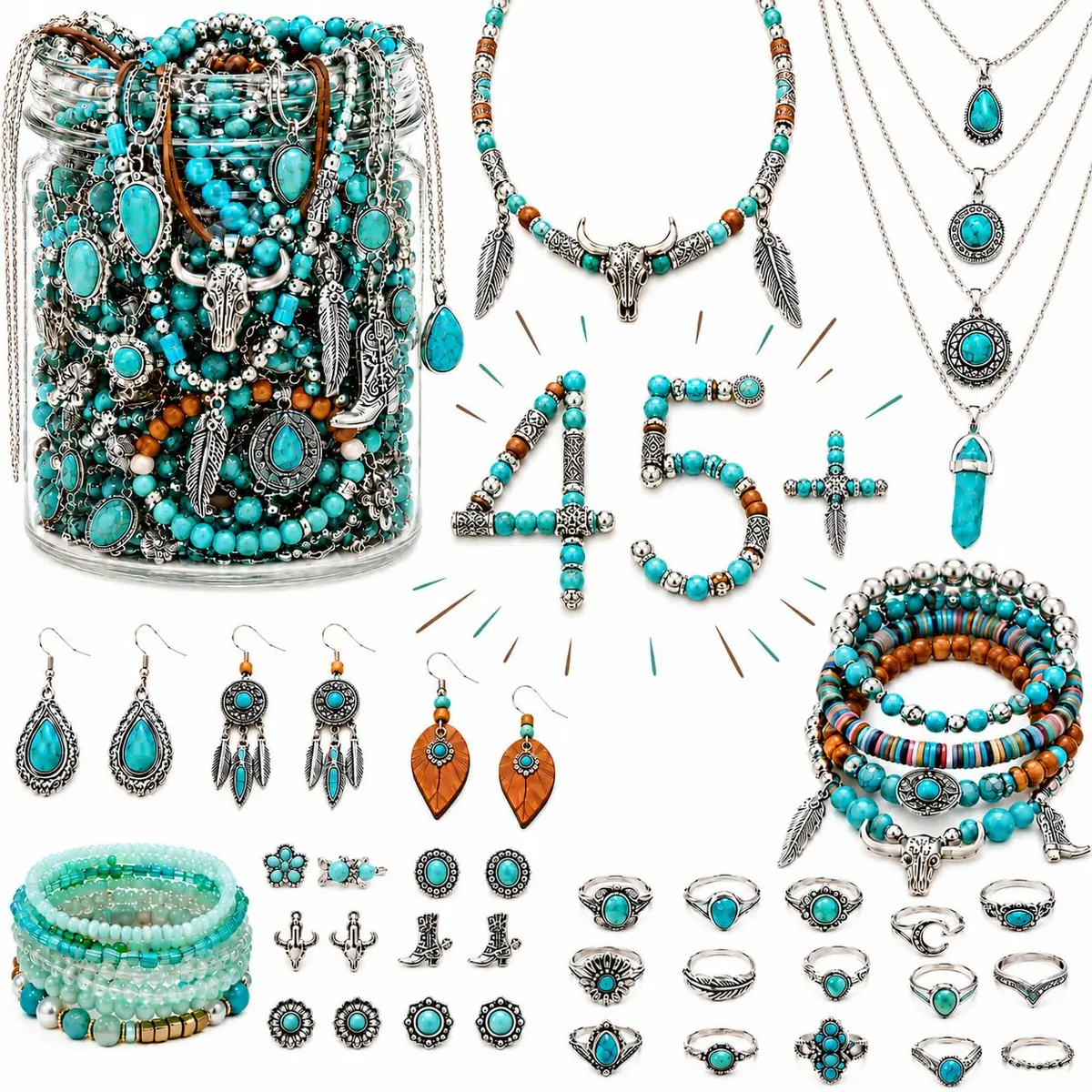 JYSO Mystery Jewelry Jar Bundle – 45+ Piece Turquoise Boho Western Jewelry Set for Women | 11.9"x2.87"x5.98" (30.2cm x 7.3cm x 15.2cm) - main product image
