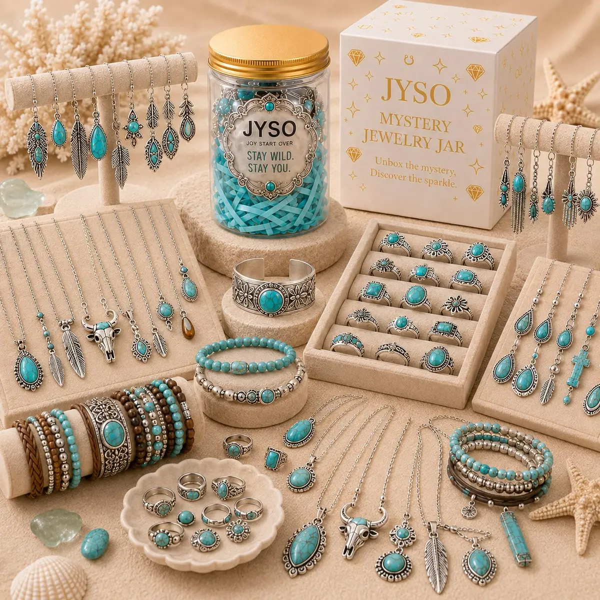 JYSO Mystery Jewelry Jar Bundle – 45+ Piece Turquoise Boho Western Jewelry Set for Women | 11.9"x2.87"x5.98" (30.2cm x 7.3cm x 15.2cm) - view 2