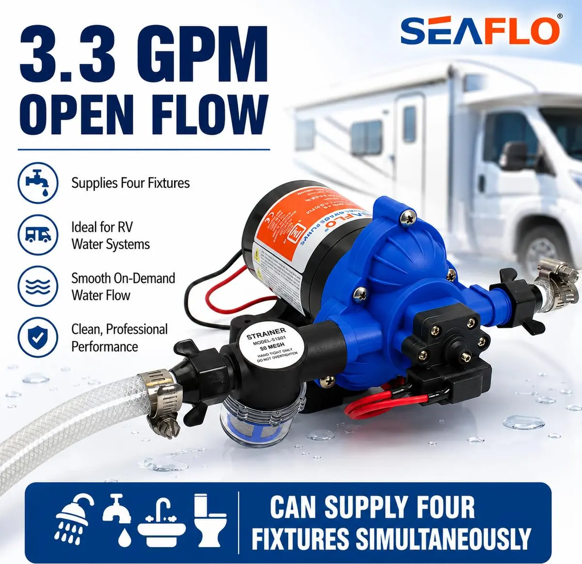 SEAFLO Water Pressure Pump 12V | 3 GPM | 45 PSI | Blue Housing | Versatile Marine & RV Pump - view 5