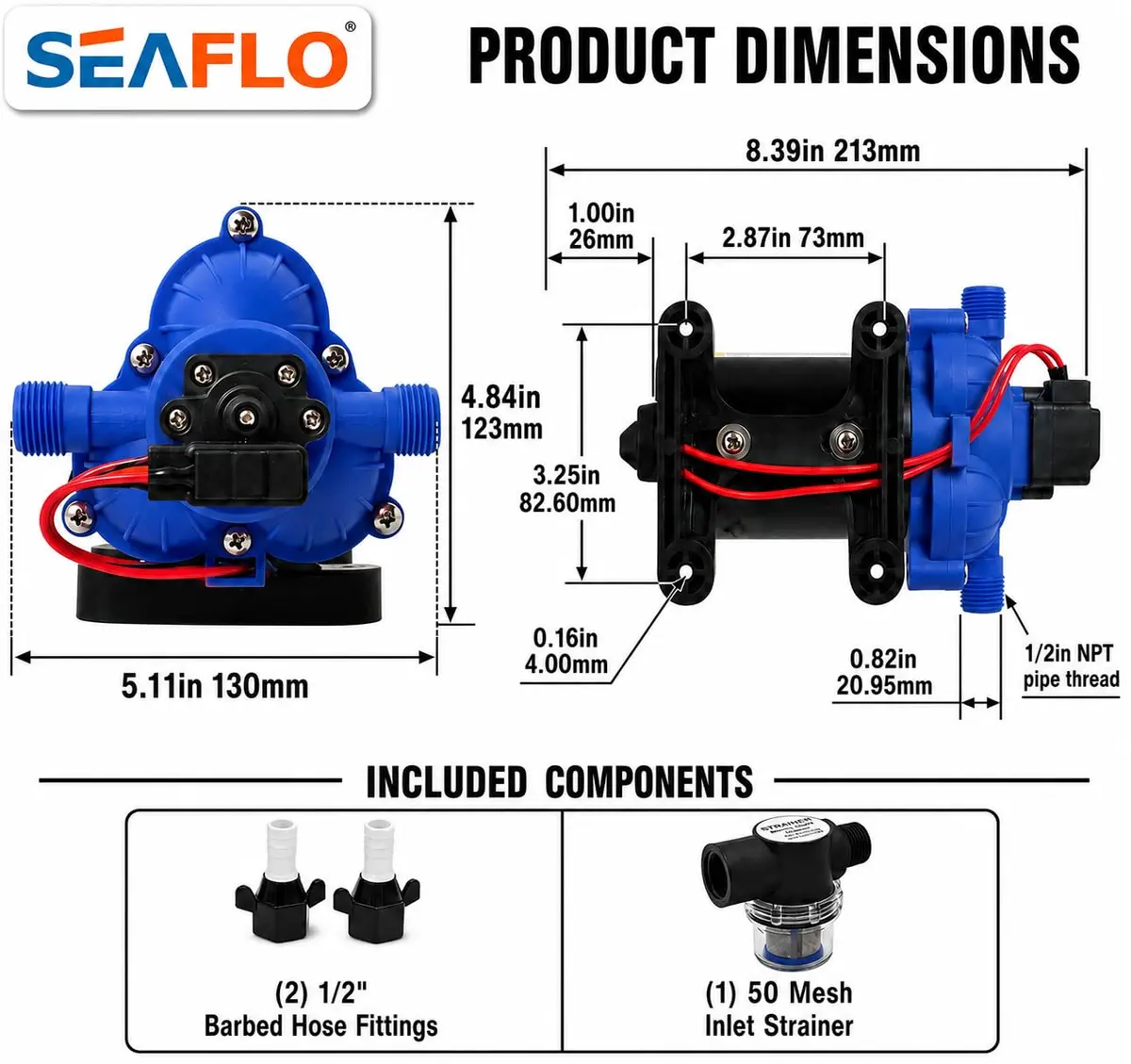 SEAFLO Water Pressure Pump 12V | 3 GPM | 45 PSI | Blue Housing | Versatile Marine & RV Pump - view 2