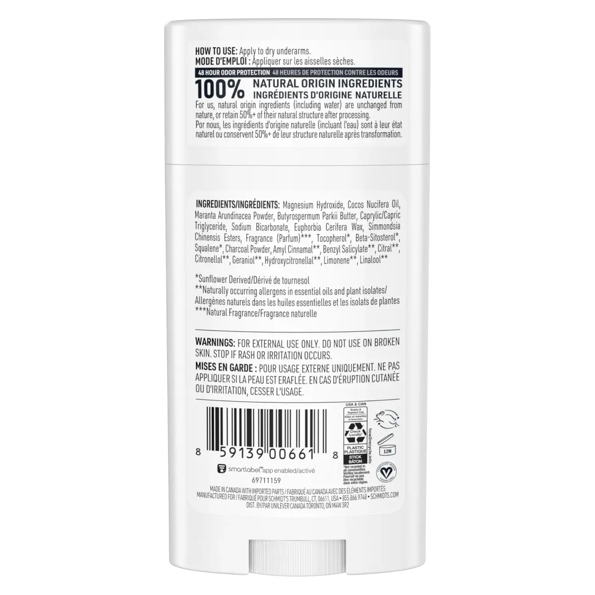 Schmidt's Natural Vegan Deodorant Charcoal & Magnesium Stick 2.6 oz (74g) | 24-Hour Odor Protection - main product image