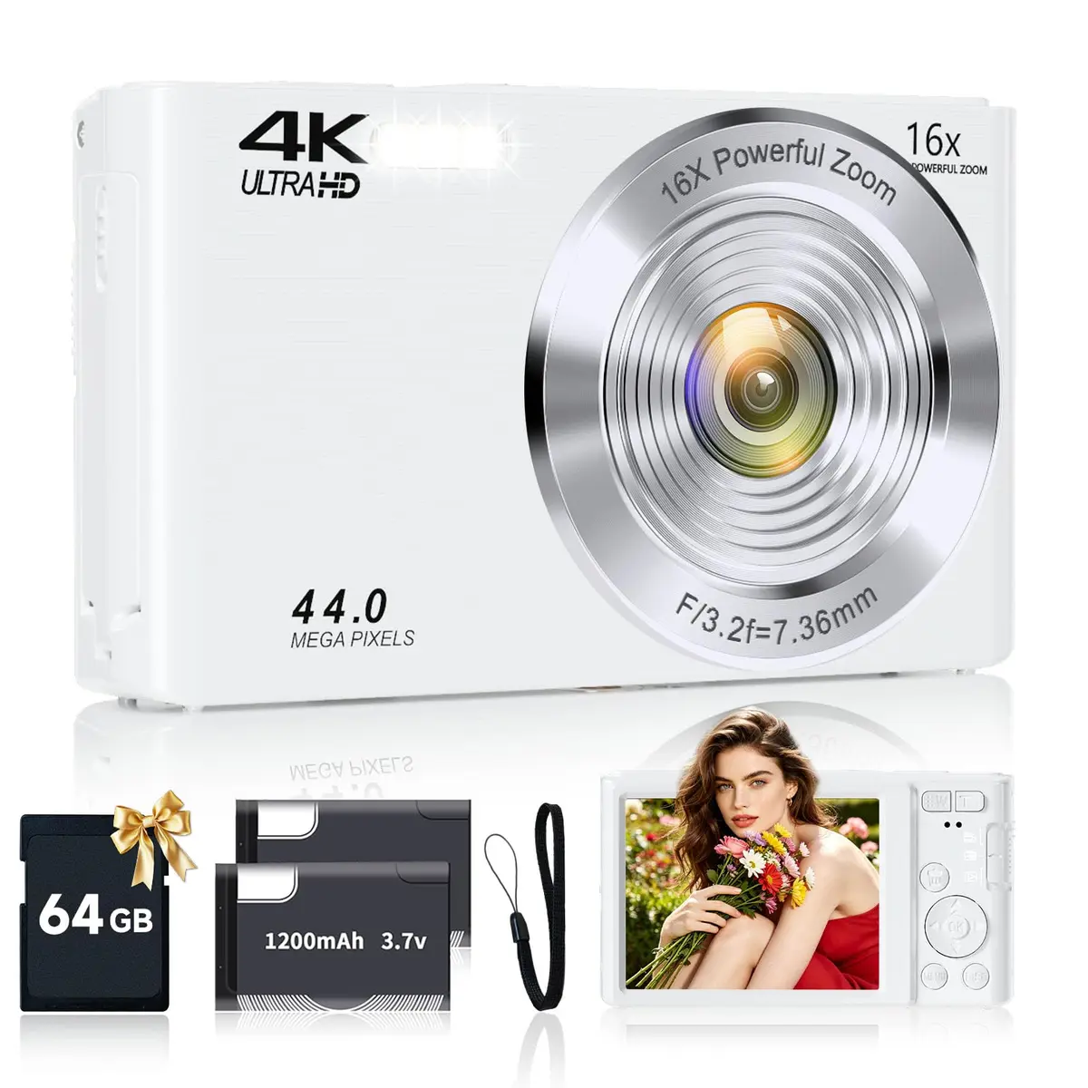 SMARTKLIK Digital Camera for Teens 44MP 4K FHD 16x Zoom 64GB Card | Beginner-Friendly Compact Camera - main product image
