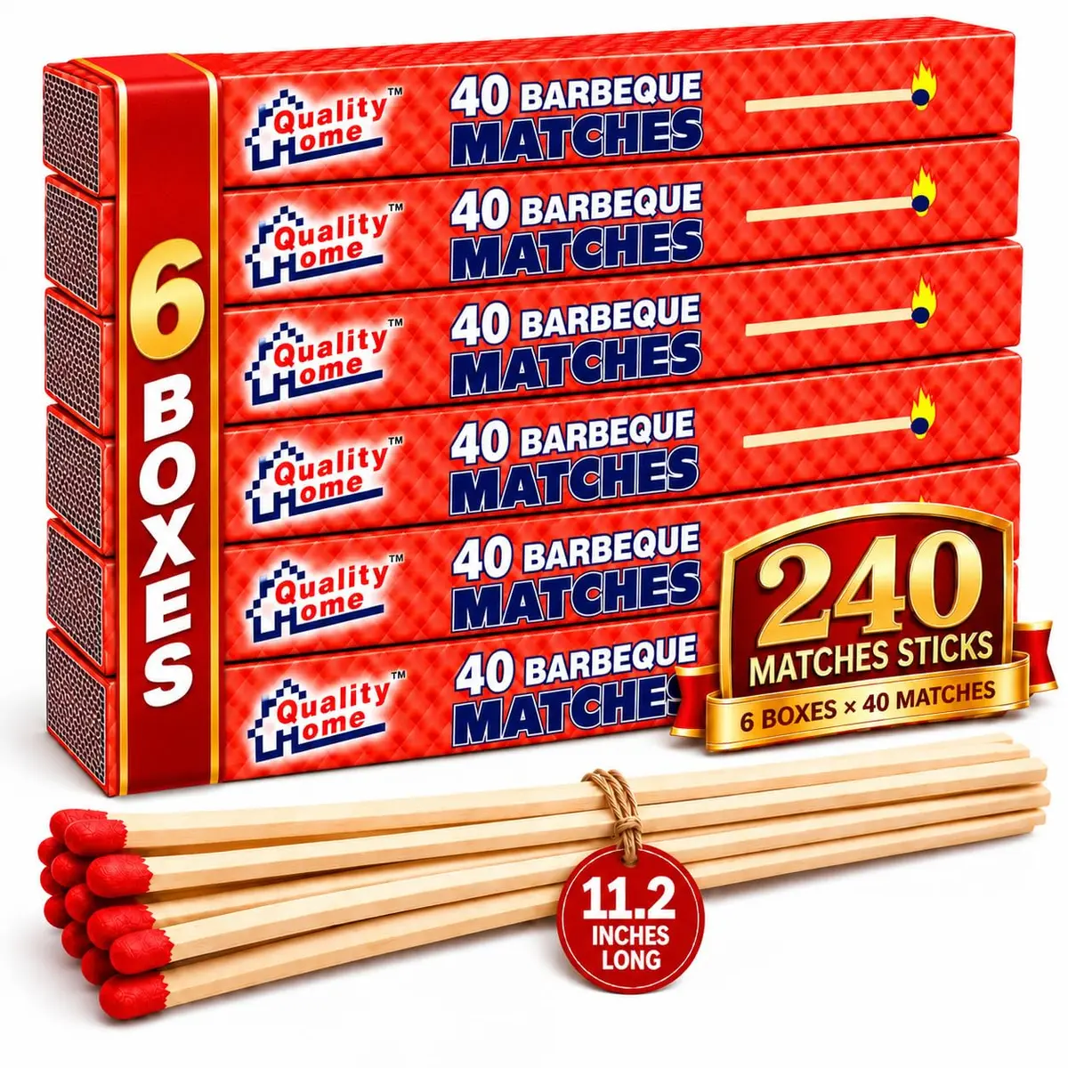 Quality Home 11.2" Extra Long Wooden Safety Matches | Long Reach Fireplace & BBQ (6 Pack) - main product image