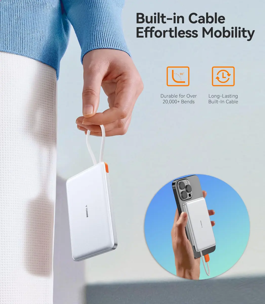 TORRAS 10000mAh Power Bank with Built-in USB-C Cable | Slim, Fast Charging, Durable Design - view 5