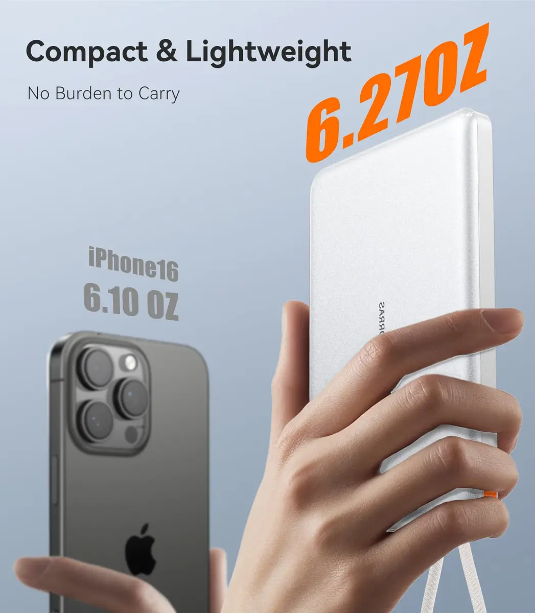 TORRAS 10000mAh Power Bank with Built-in USB-C Cable | Slim, Fast Charging, Durable Design - view 3