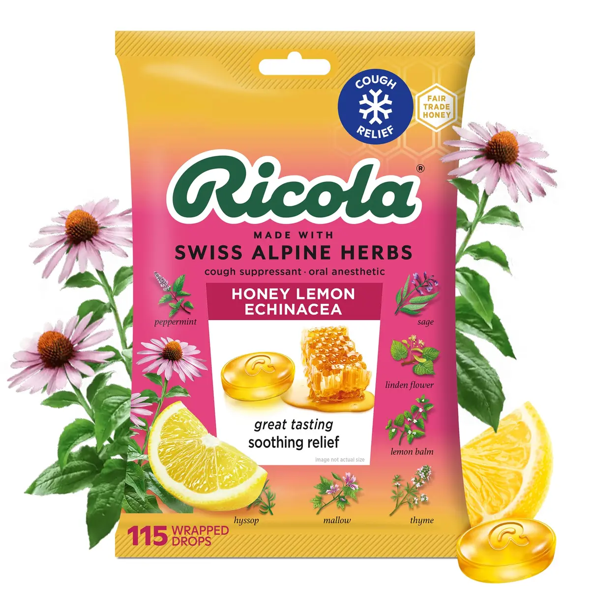 Ricola Honey Lemon Echinacea Cough Drops 115 Count | Menthol & Swiss Herbs for Throat Relief - main product image