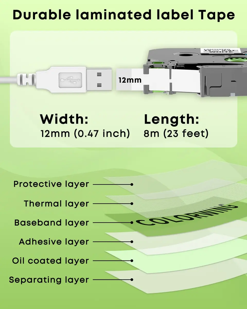 COLORWING TZe-231 Label Tape 12mm (0.47") Black on White Laminated Tape | 5-Pack Compatible for Brother P-Touch PT-D210, PT-H110, PT-D600 Label Makers - view 3