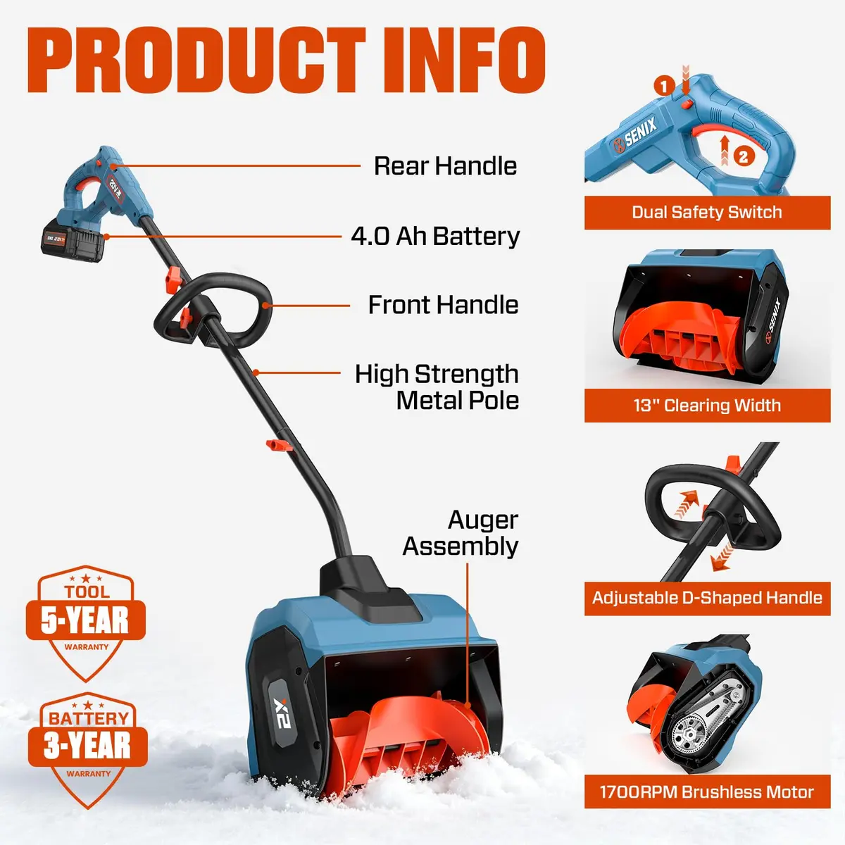 SENIX Cordless Snow Shovel 13" | Efficient, Lightweight & Dual Battery Power for Indian Winters - view 5