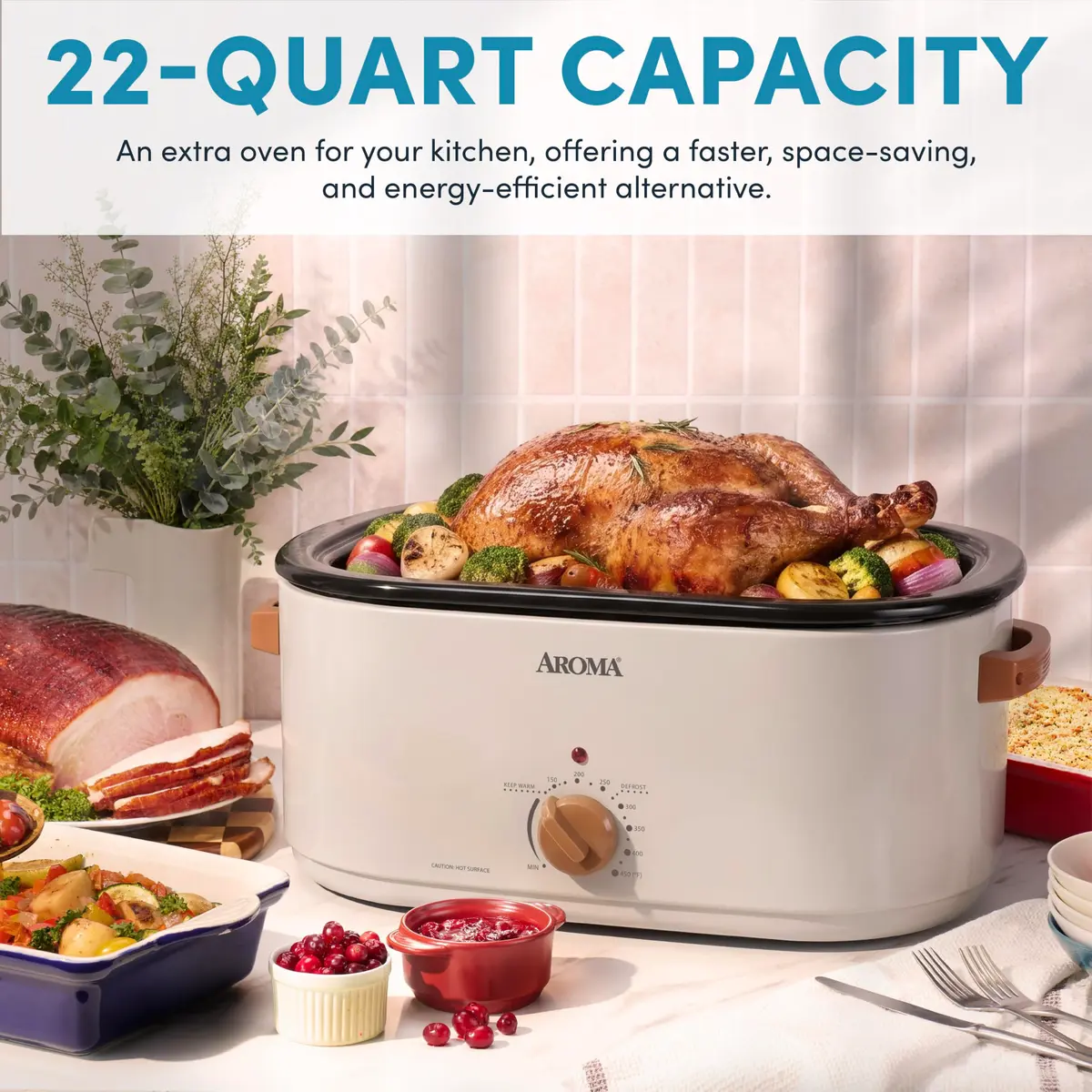 AROMA 22Qt Roaster Oven with Self-Basting Lid | Fits 26-lb Turkey, Adjustable Temp, Keep Warm, Stainless Steel - view 5