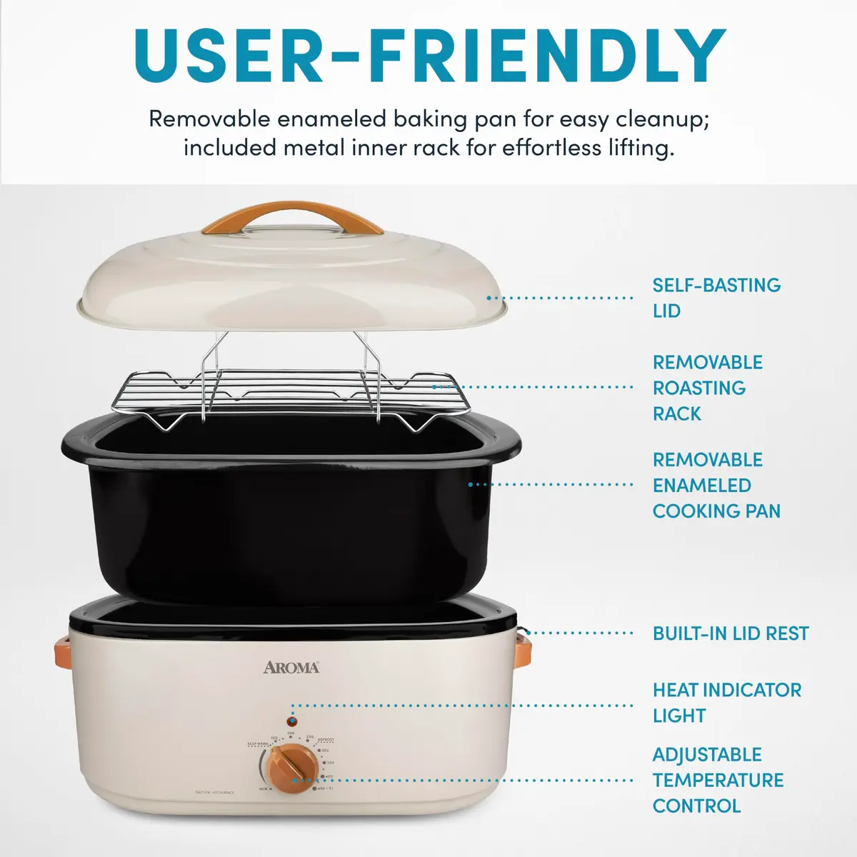 AROMA 22Qt Roaster Oven with Self-Basting Lid | Fits 26-lb Turkey, Adjustable Temp, Keep Warm, Stainless Steel - view 3